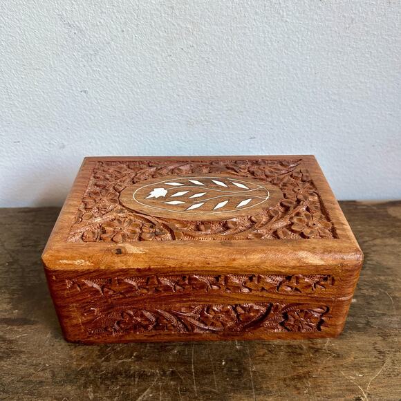Vintage Carved Mango Wood Decorative Box with Inlay | Rustic Accent Decor - Picture 1 of 7